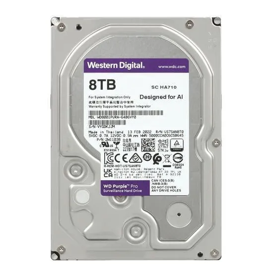 WD8001PURA жесткий диск 8Тб для систем наблюдения, интерфейс SATA III, форм-фактор 3,5", скорость вращения 7200 об/мин, объем буфера 256 Мб, CMR